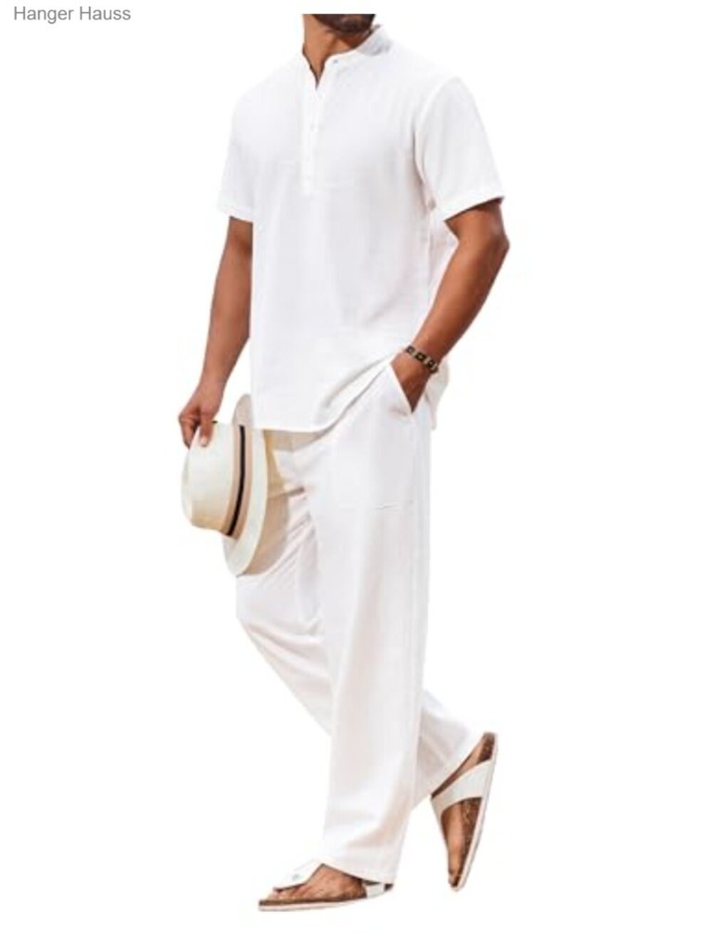 Men's 2 Piece Cotton Linen Beach Outfit Short Sleeve Henley Shirt & Drawstring